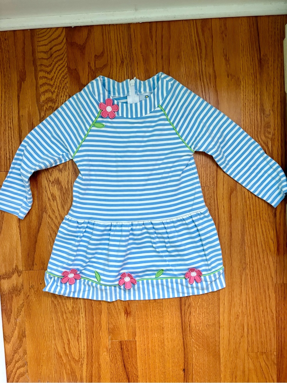 Florence Eiseman Blue and White Striped Dress with Pink Flower Appliqués